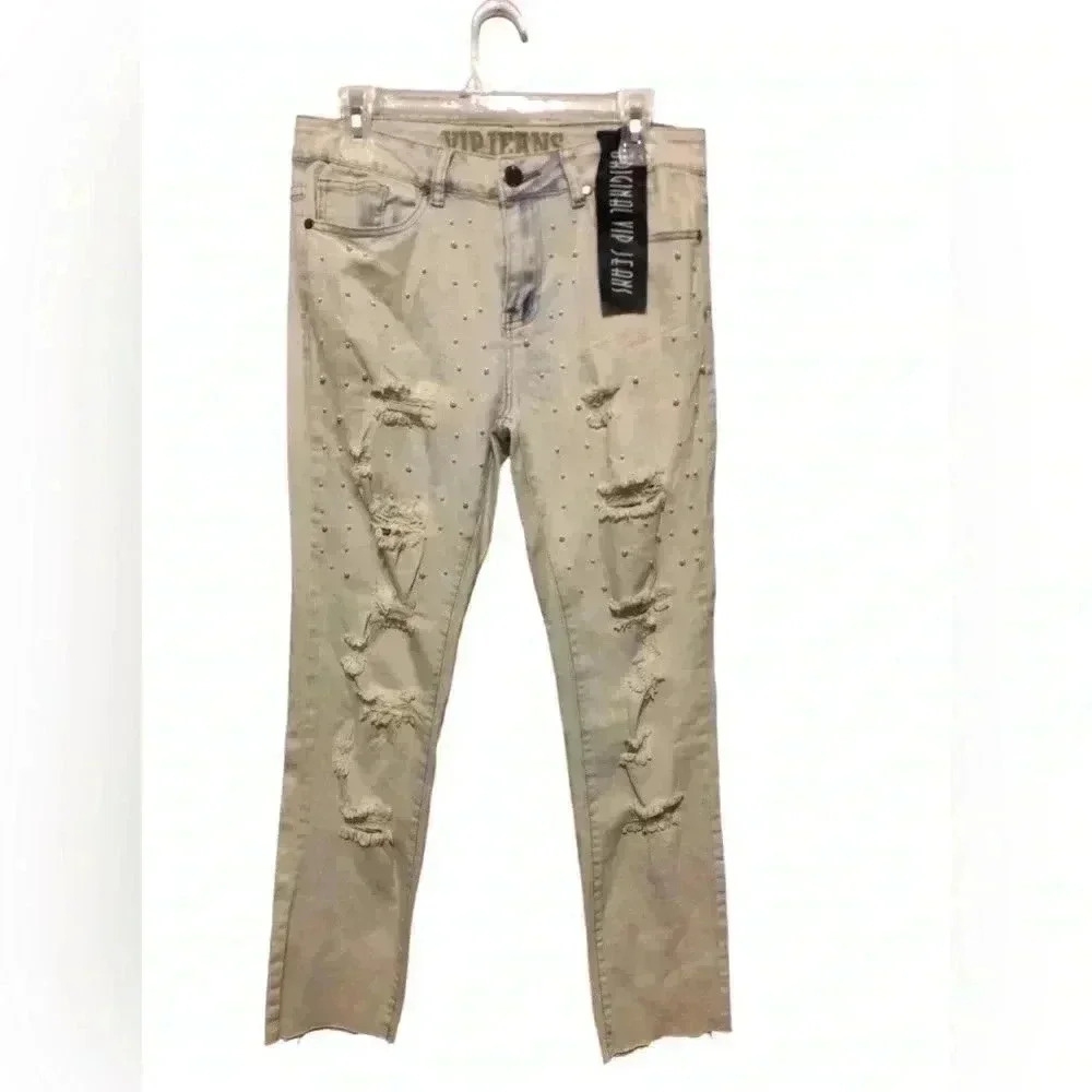 Y2K VIP Acid Wash Pearl Embellished Crop Jeans Size 10